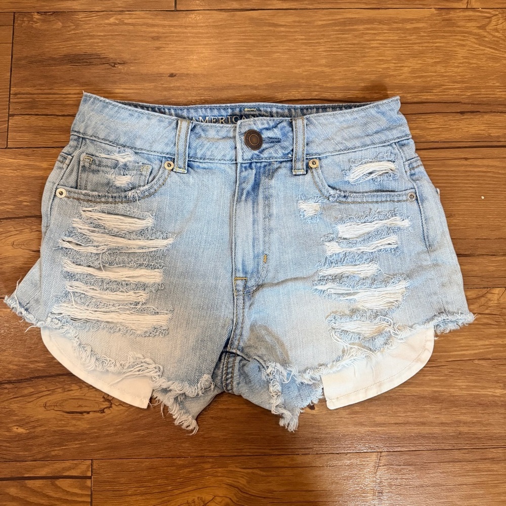American Eagle Hi-Rise Festival Shorts Size 00 Light Wash Distressed
